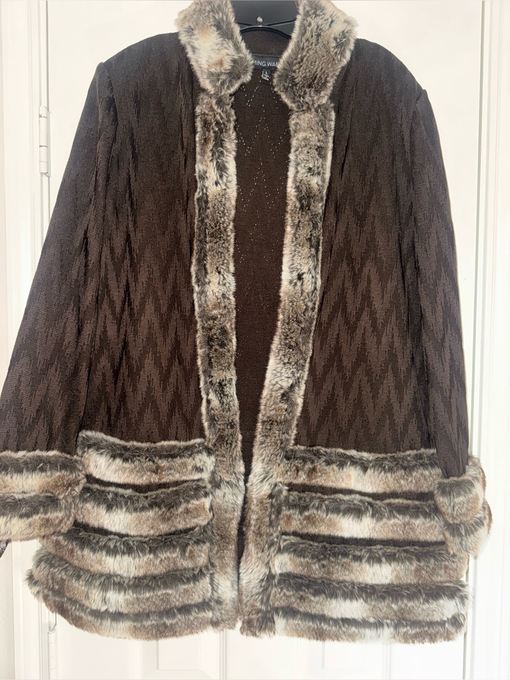 Ming Wang Brown Faux-Fur Trim Knit Cardigan